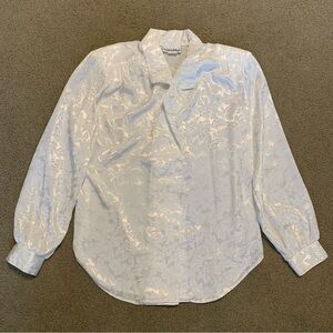 Vintage Laura Mae White Satin Floral Blouse 12 Bishop Sleeve Silky Chic